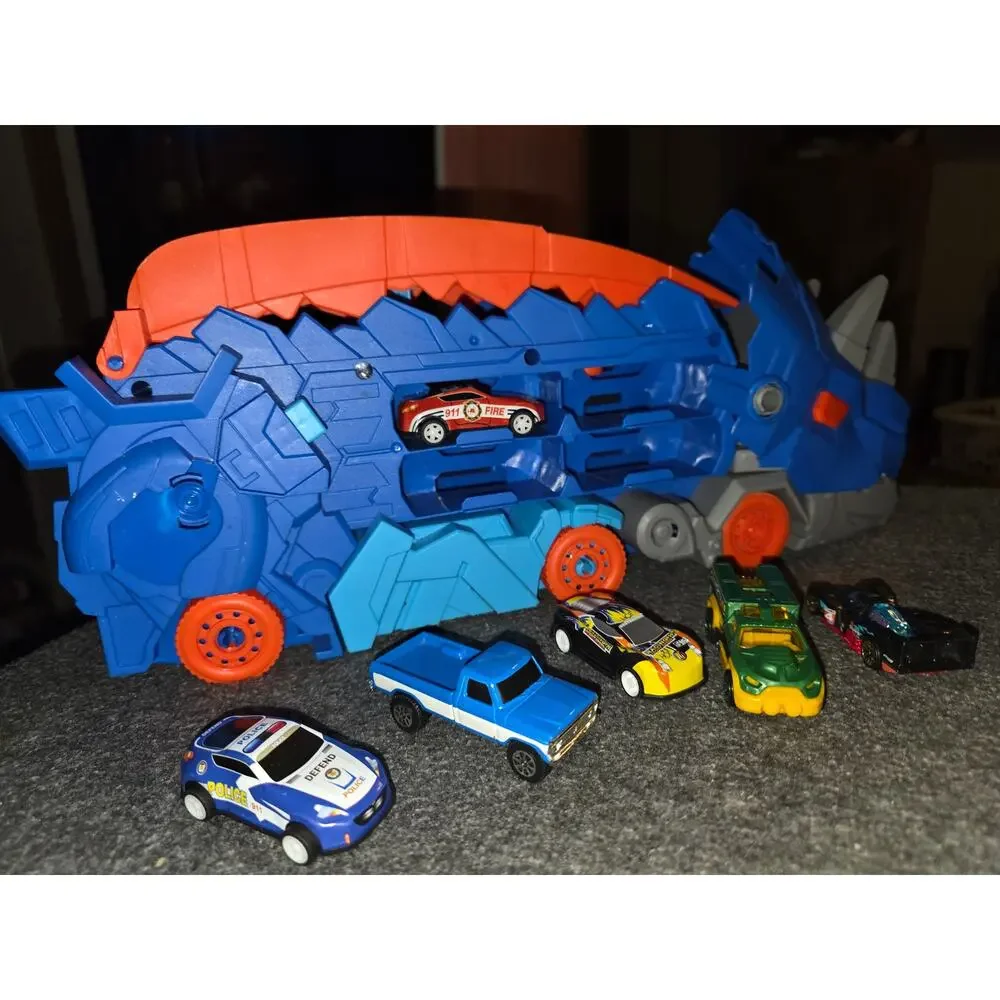 Dinosaur Car Hauler Truck & Folding Race Track with 6 Toy Cars Lot